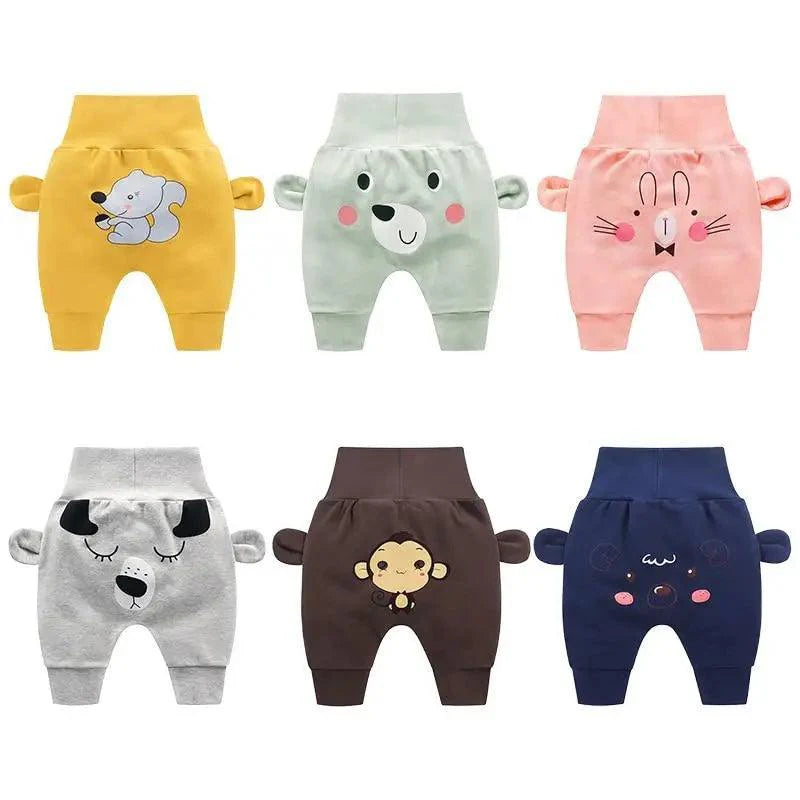 Unisex cotton baby pants with cute character design in various colors