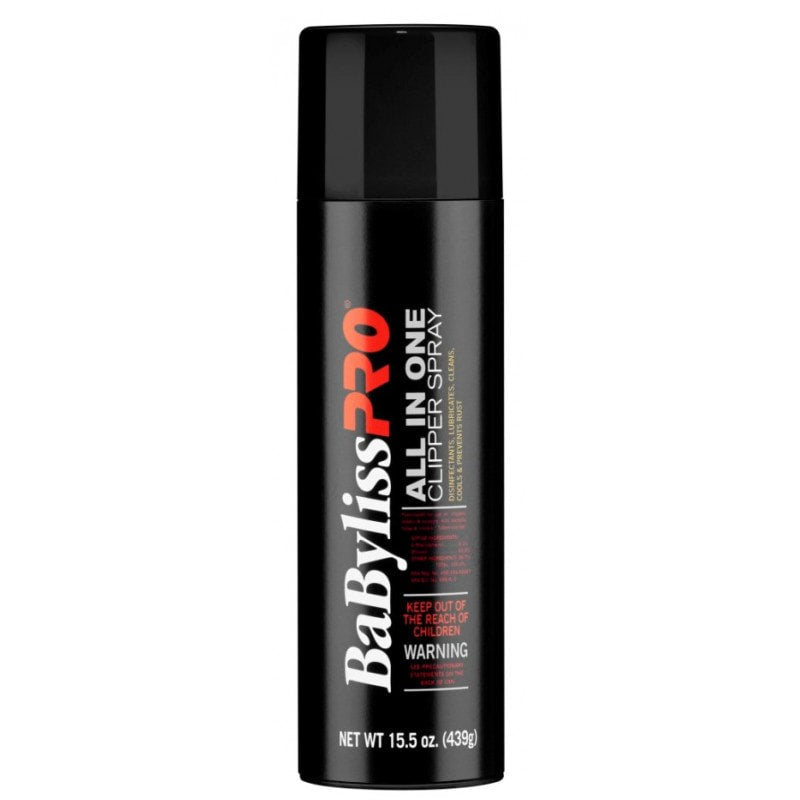 15.5 oz BaBylissPRO All-In-One Clipper Spray in a sleek black and red aerosol can.