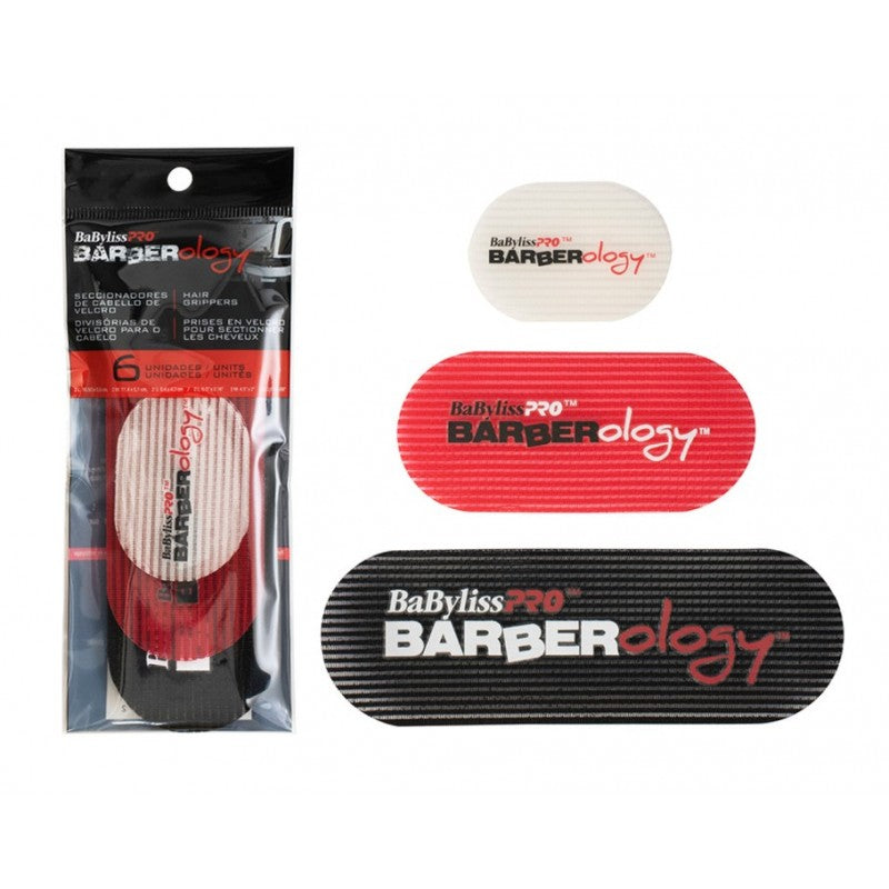 BaBylissPRO Barberology 6-pack hair holders in black, red, and white, professional styling tool
