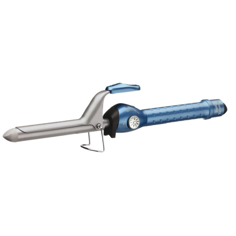 BabylissPro Nano Titanium 1-inch spring curling iron in metallic blue and silver finish.
