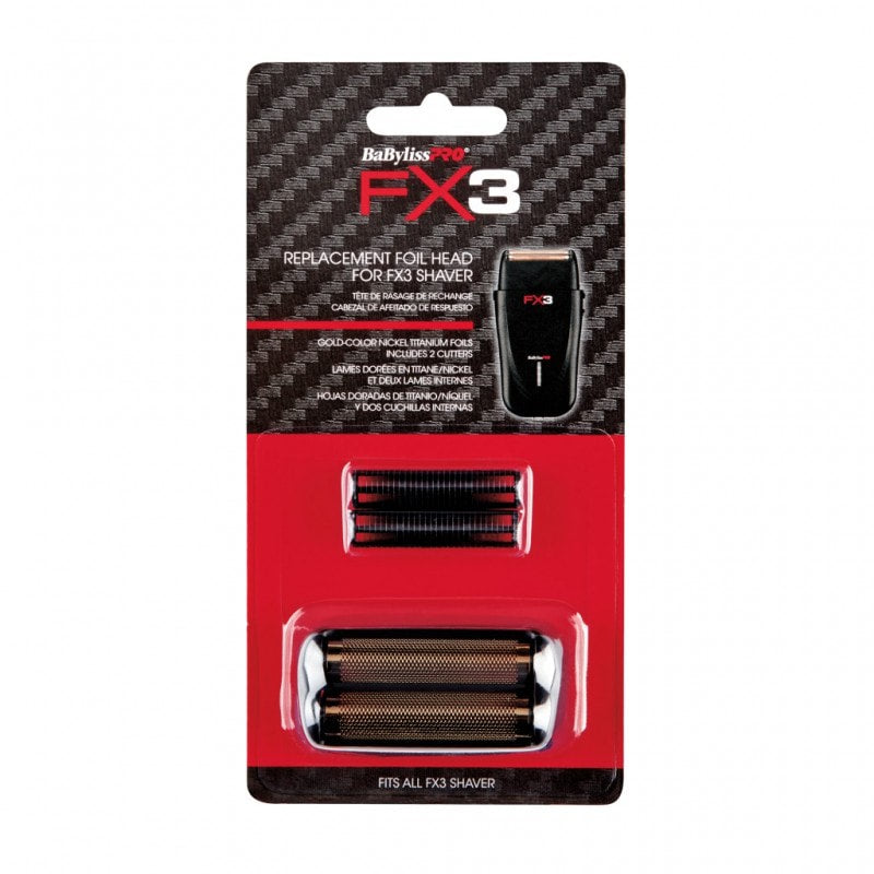 BaBylissPRO FX3 gold titanium replacement foil and two cutters on a black background