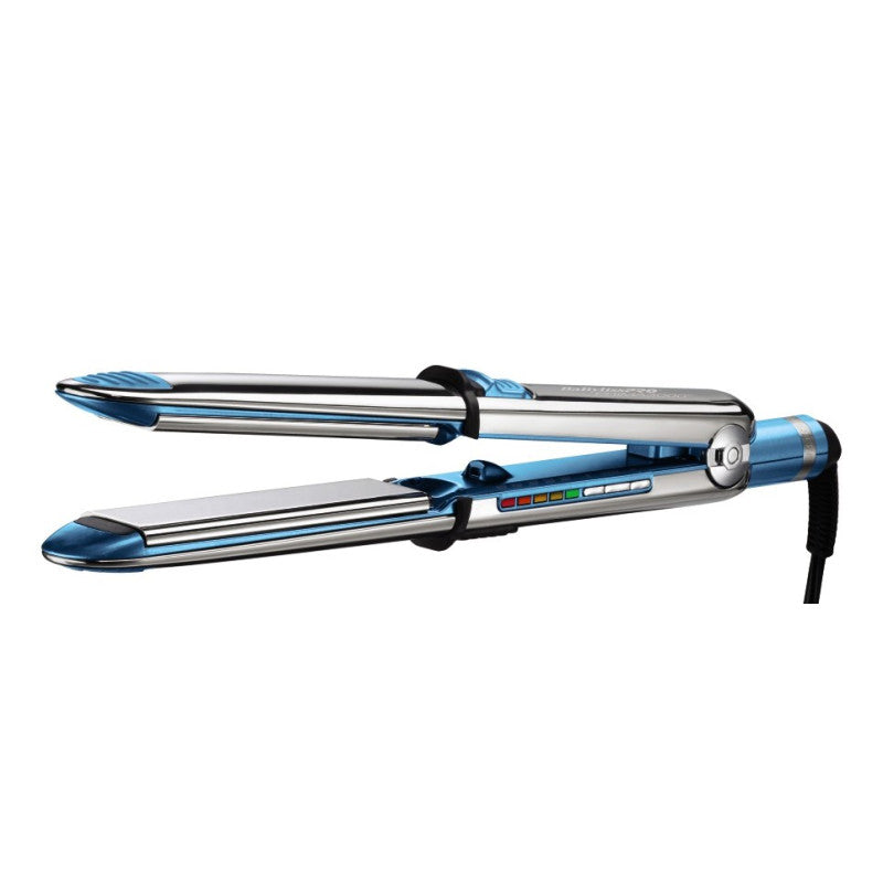 BaBylissPRO Nano Titanium Prima3000 1.25 inch straightener in metallic silver and electric blue.