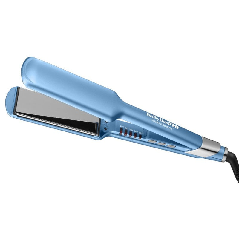 BaBylissPRO Nano Titanium 2-inch hair straightener in metallic periwinkle blue with chrome accents.