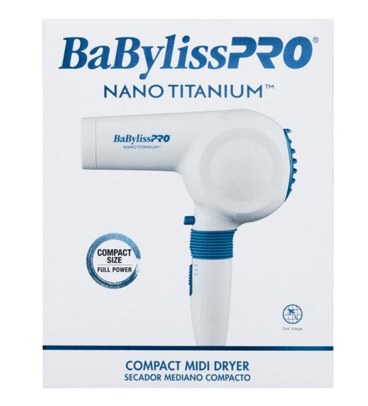BaBylissPRO Nano Titanium Compact Midi Dryer with folding handle shown in a travel-friendly design