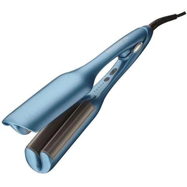 Blue Nano Titanium Ionic Deep Waver featuring professional heat plates on a modern vanity surface.