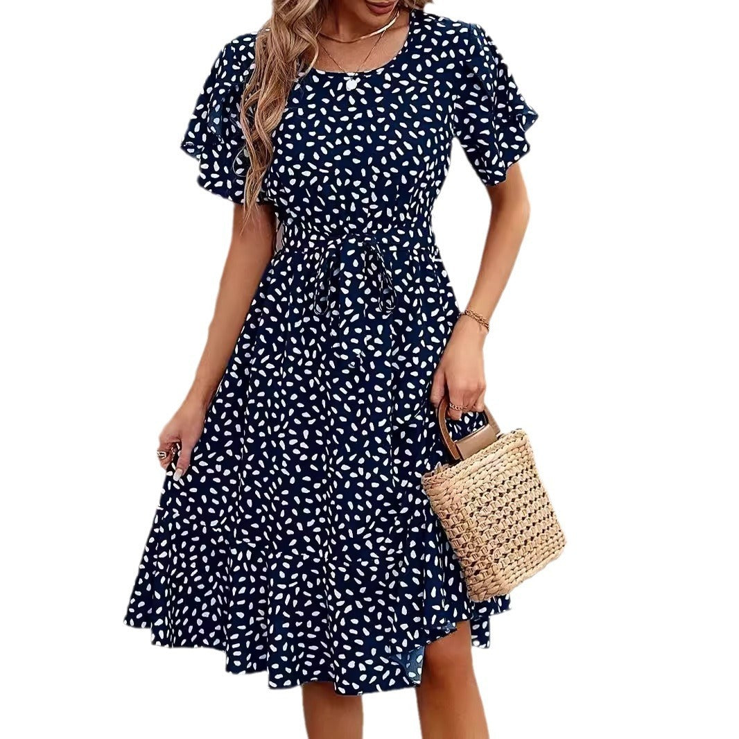 Dark Blue Floral Printed Short Sleeve Midi Dress - Street Style