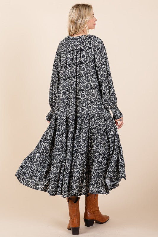 Printed Midi Dress with Tie Neck and Flounce Sleeves