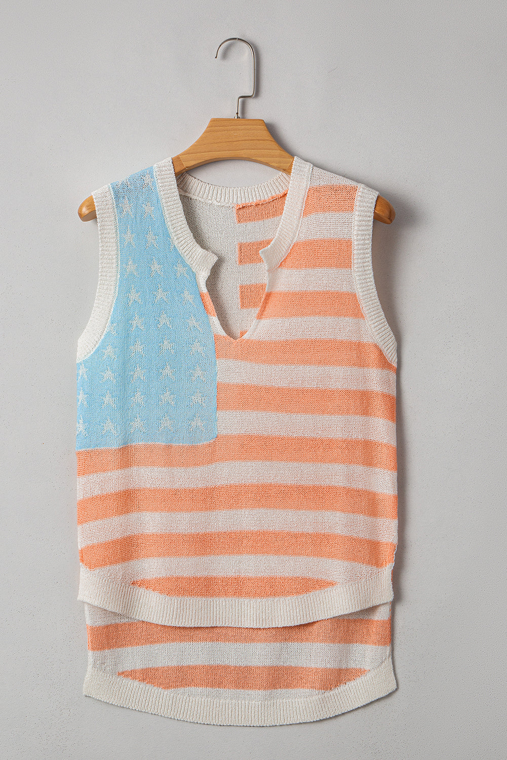 Beige USA Flag Notched Neckline Loose Sweater Vest