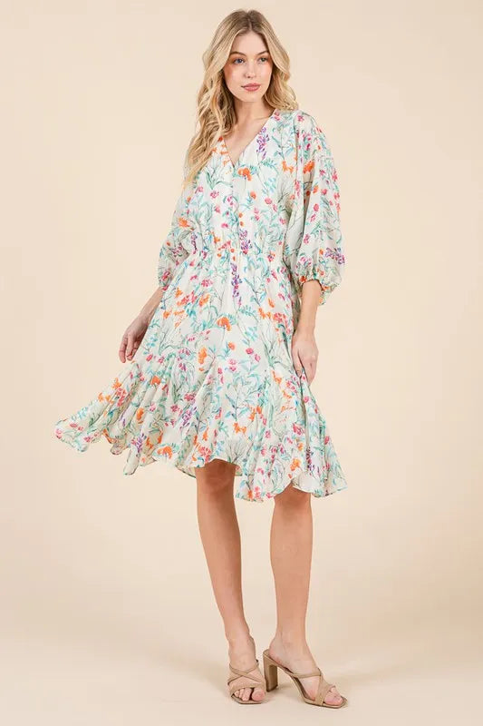 Lime 'N' Chili Floral Cinched Waist Balloon Sleeve V-Neck Dress