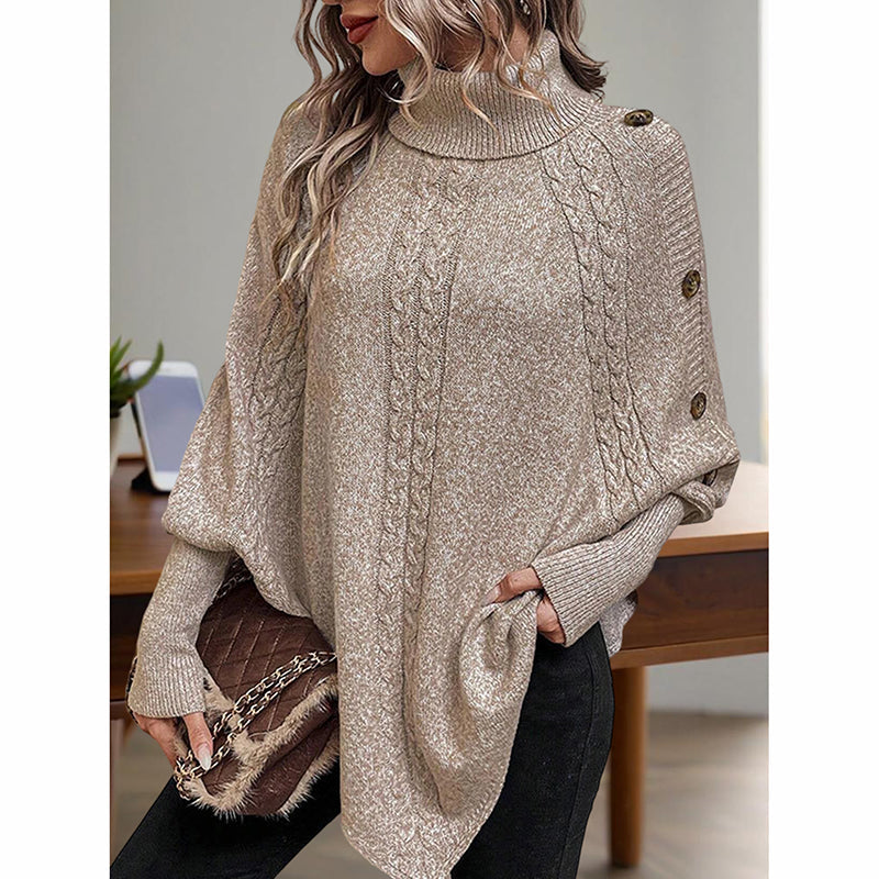 Women's Button Detail Turtleneck Sweater with Asymmetric Hem - Image 4