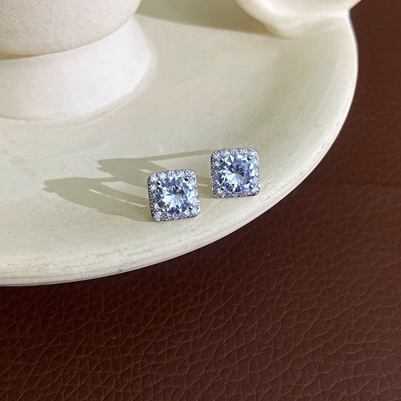 Womens Delicate Mini Geometric Square Rhinestone Stud Earrings,Costume Earrings For Daily Party Wear