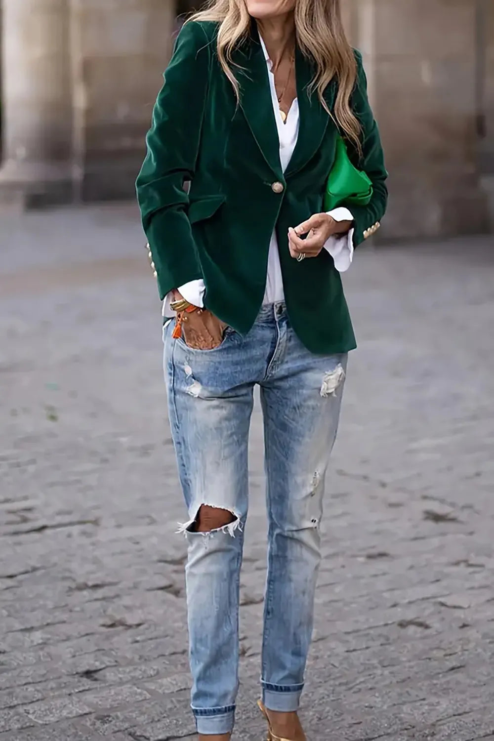 Women's Navy Blue Velvet Lapel Collar Single Button Blazer - Image 6
