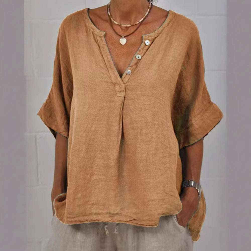 Women's Cotton Linen V-Neck Button-Up Shirt Casual Top - Image 4