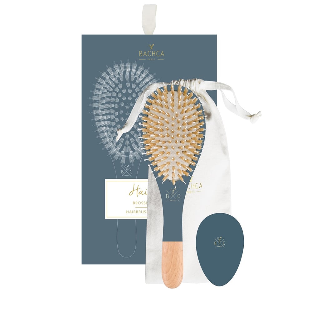 Bachca 3Pc Hair Kit featuring a detangling brush, pocket mirror, and dark blue cotton pouch.