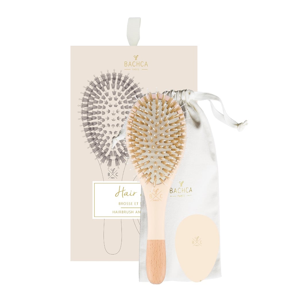 Bachca 3-piece hair care set in nude featuring detangling brush and pocket mirror