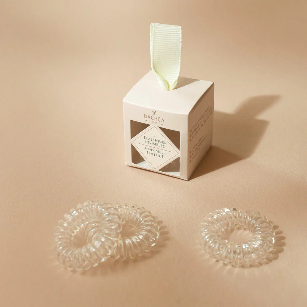 Clear Bachca invisible cable hair elastics for traceless and gentle hair styling.