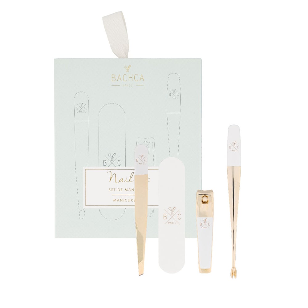 Bachca Paris manicure kit with white and gold metal tools in a pastel mint green case.