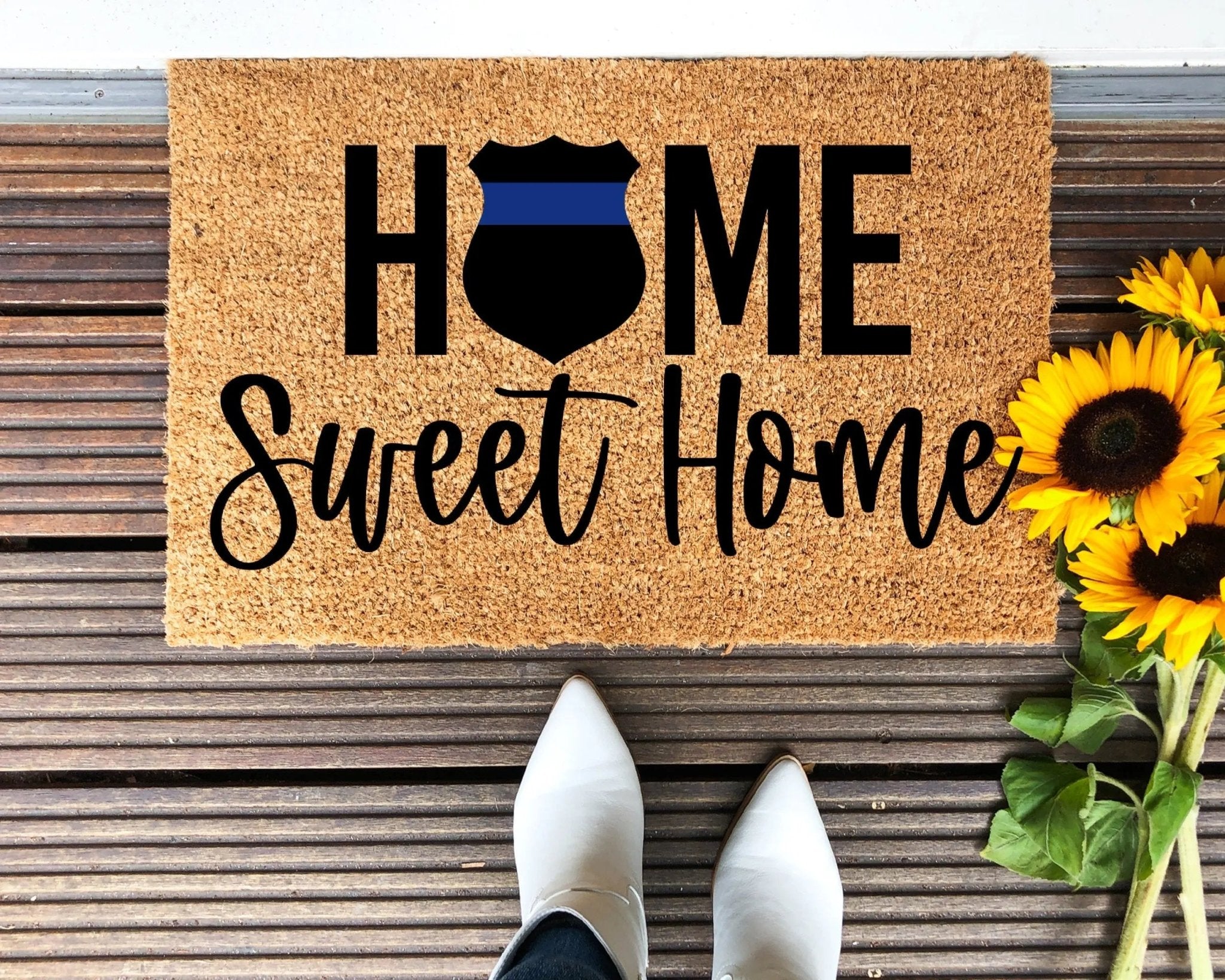 Back The Blue message on a textured natural coir outdoor doormat.