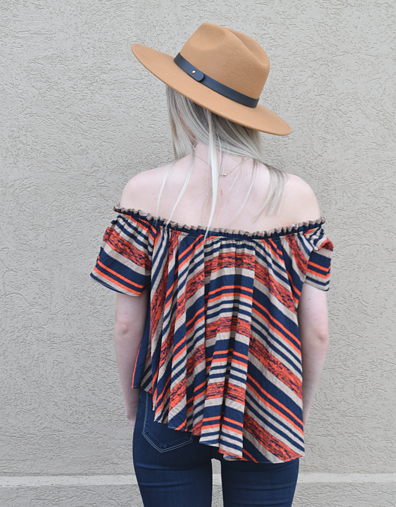 Off The Shoulder Stripe Woven Top in Navy Blue, Burnt Orange & Tan