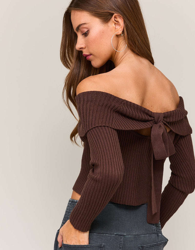 Off Shoulder Tie Back Ribbed Sweater in Dark Chocolate Brown
