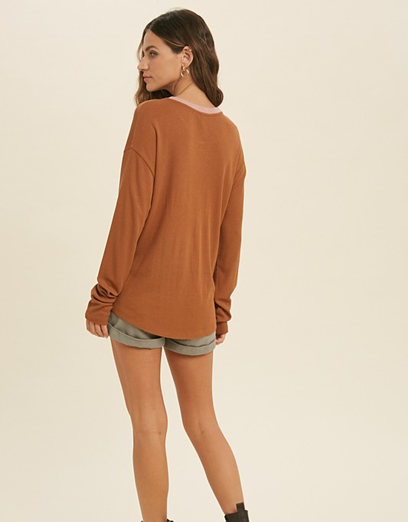 Contrast Button-Up Knit Top with Soft Stretch Fabric