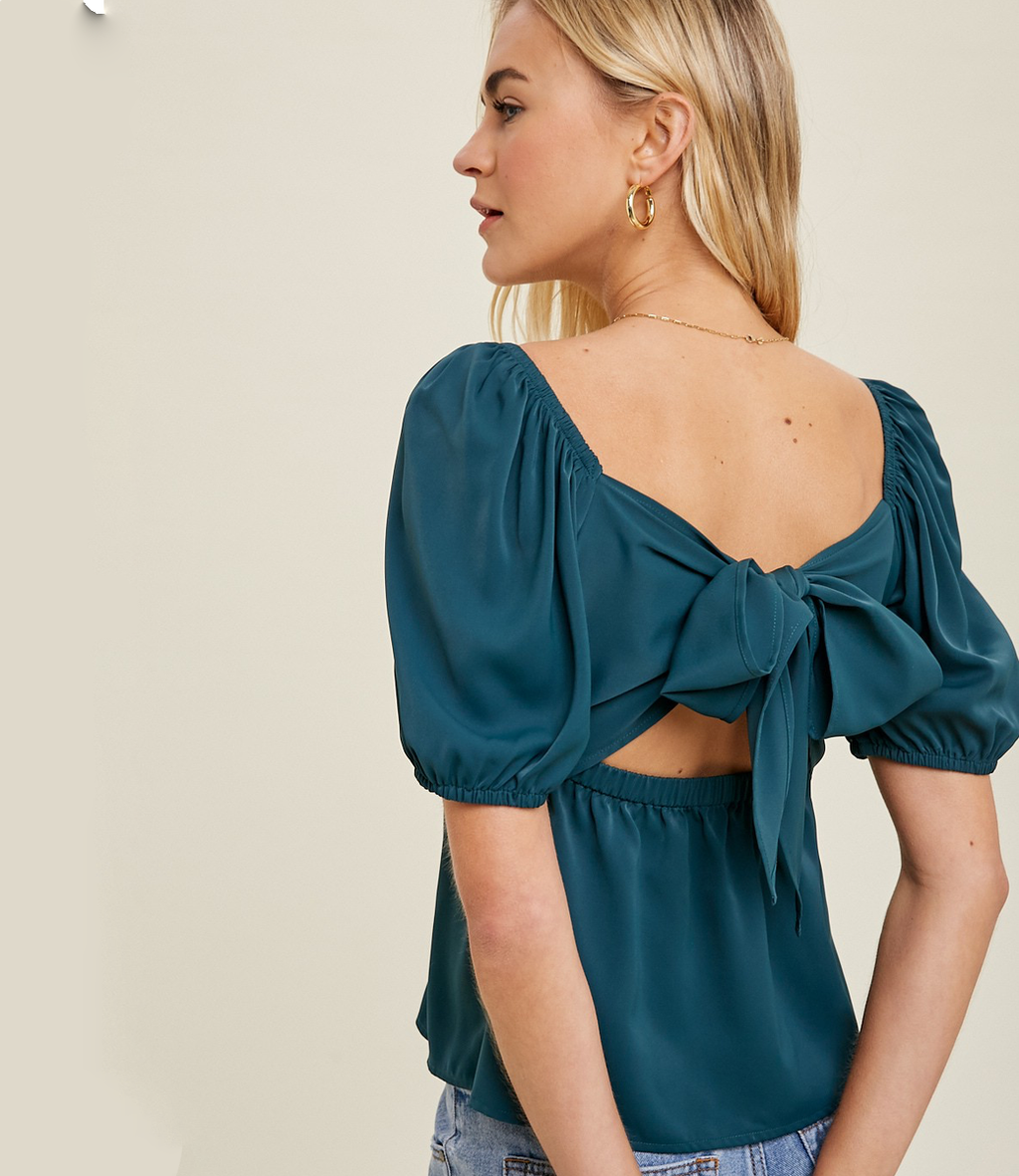 Puff Sleeve Babydoll Top with Twist Bust and Back Tie Detail