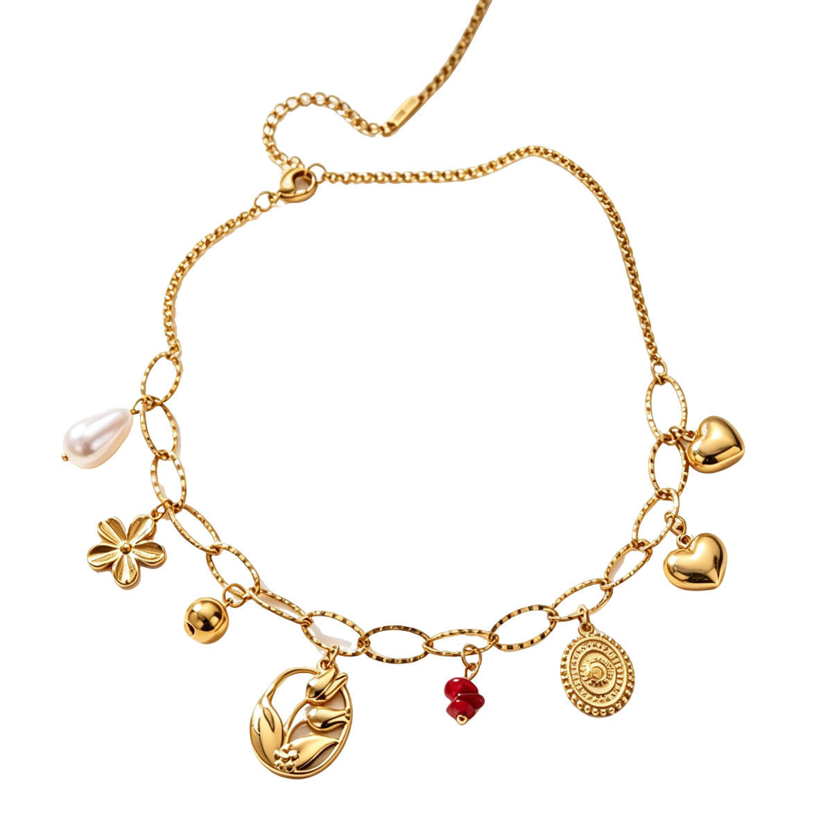 Women Paperclip Multi Charm Necklace, Vintage Coin Flower Heart Tulip Faux Pearl Beaded Chain PVD Gold Plated Adjustable Collarbone Jewelry For Daily Vacation Gift