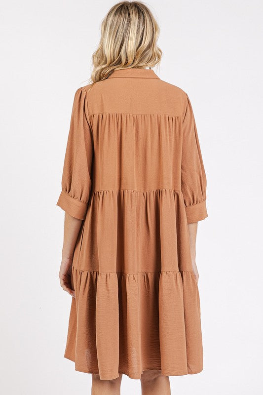 Collared Neck Tiered Shirt Dress with Button Detail