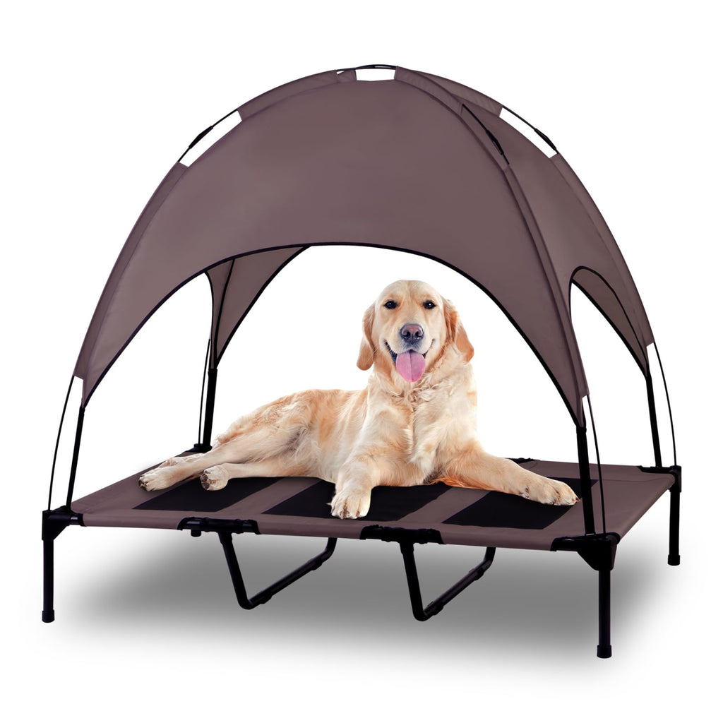 Elevated Outdoor Dog Bed with Canopy Raised Removable Cover Cooling Dog Beds with Waterpoof Shade Dog Tent Outside Portable Dog Cot for Large Dogs Pet (Brown)