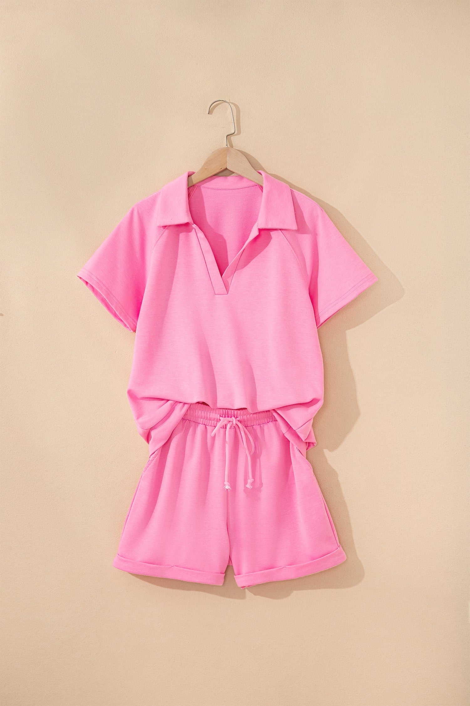Kinsley Bonbon Collared Tee & Shorts 2-Piece Knit Lounge Set