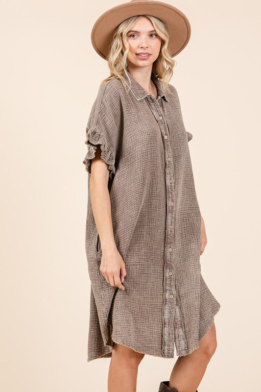 Mineral Wash Cotton Gauze Shirt Dress - Casual Ruffle Sleeve