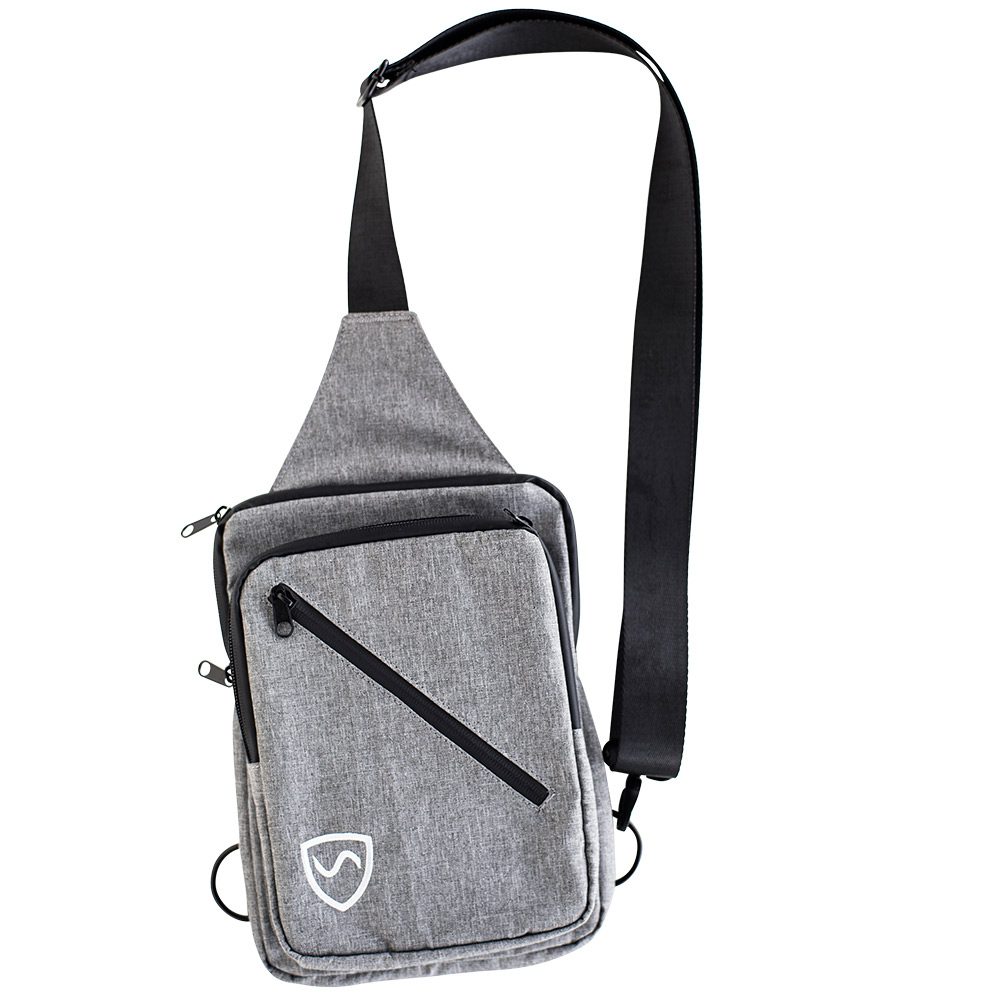 Gray EMF shielding sling bag with front zipper pocket and adjustable strap
