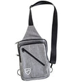Gray EMF shielding sling bag with front zipper pocket and adjustable strap