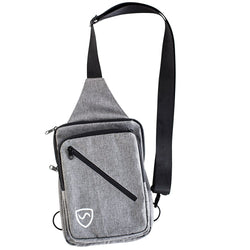 Gray EMF shielding sling bag with front zipper pocket and adjustable strap