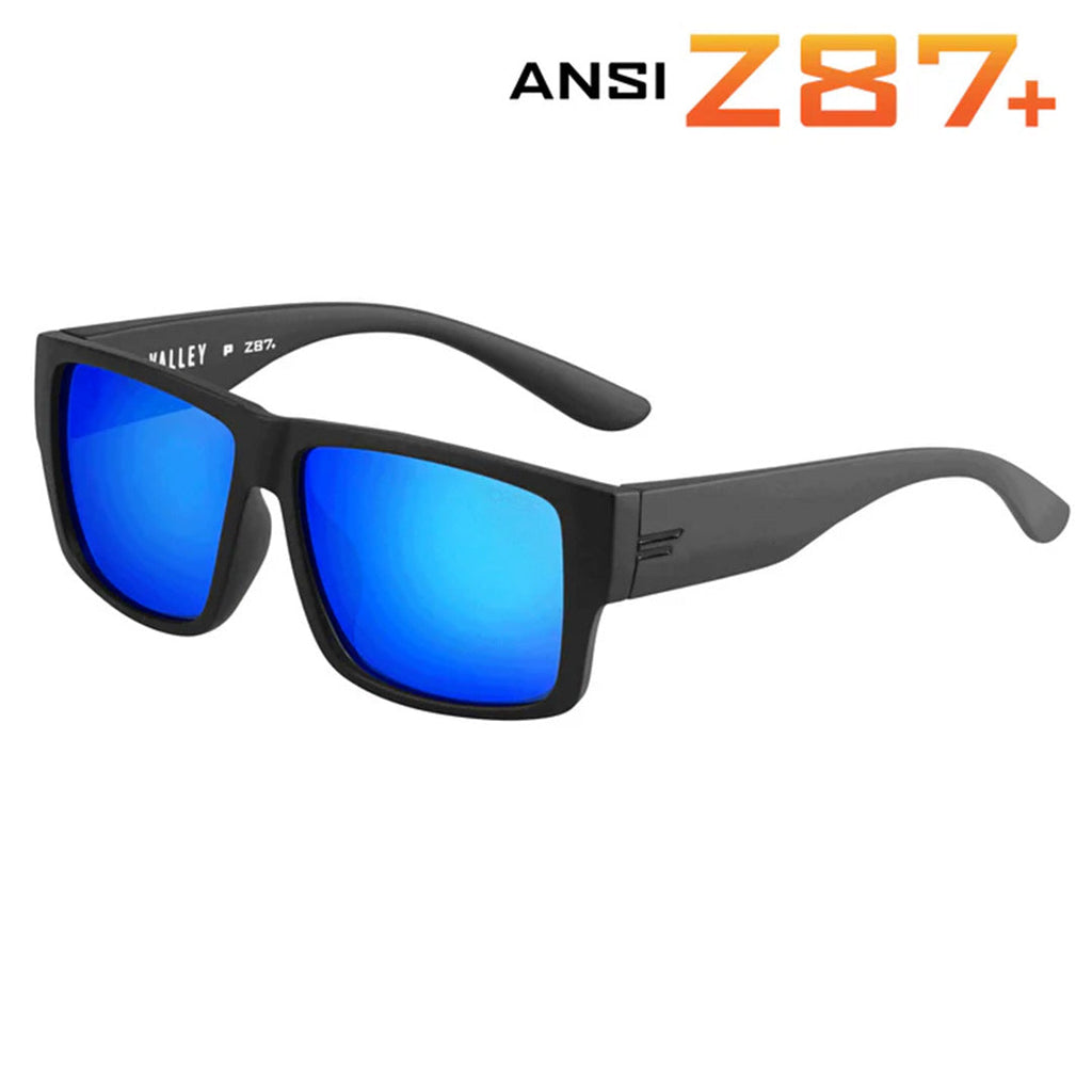 Durable black-framed polarized safety sunglasses for children with ANSI Z87+ rating.