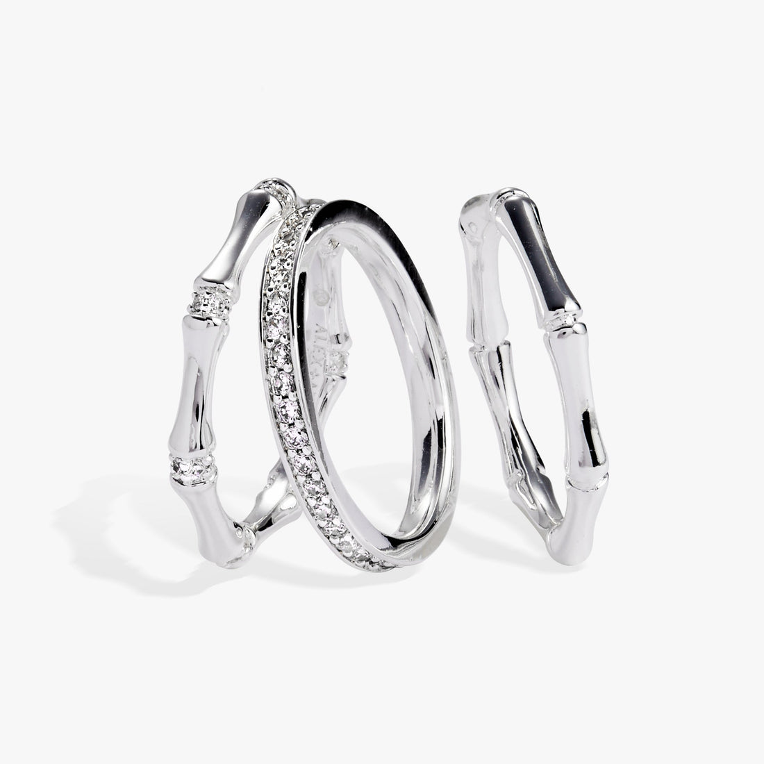 Bamboo Trio Ring Set - Stackable Gold Tone Crystal Stacking Rings