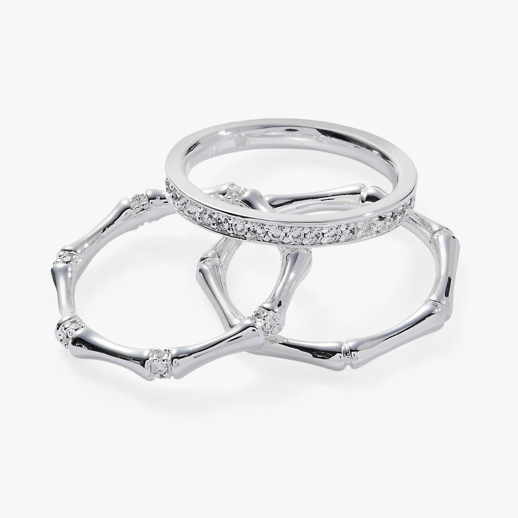 Bamboo Trio Ring Set - Stackable Gold Tone Crystal Stacking Rings