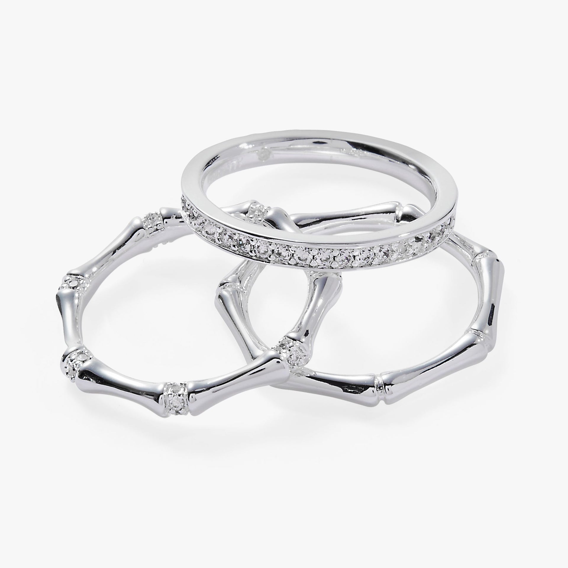 Bamboo Trio Ring Set - Stackable Gold Tone Crystal Stacking Rings
