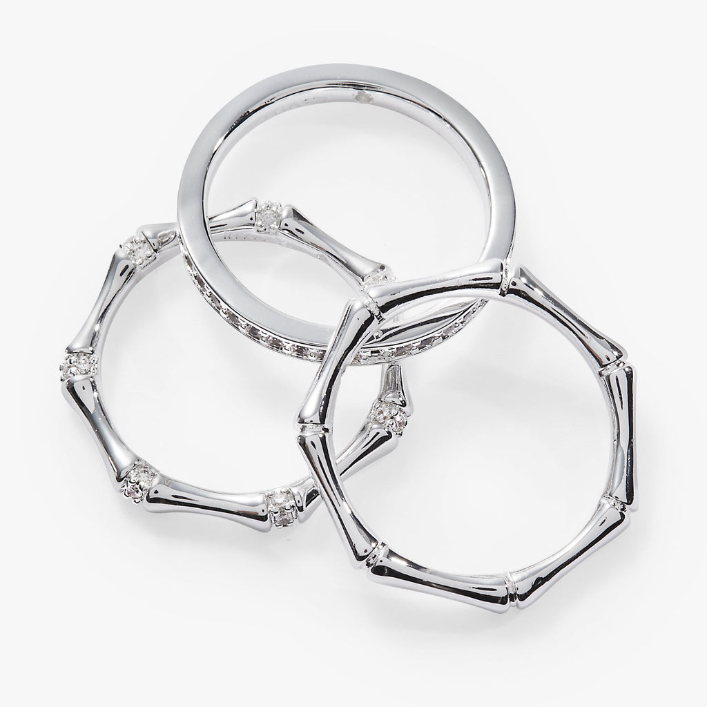 Bamboo Trio Ring Set - Stackable Gold Tone Crystal Stacking Rings