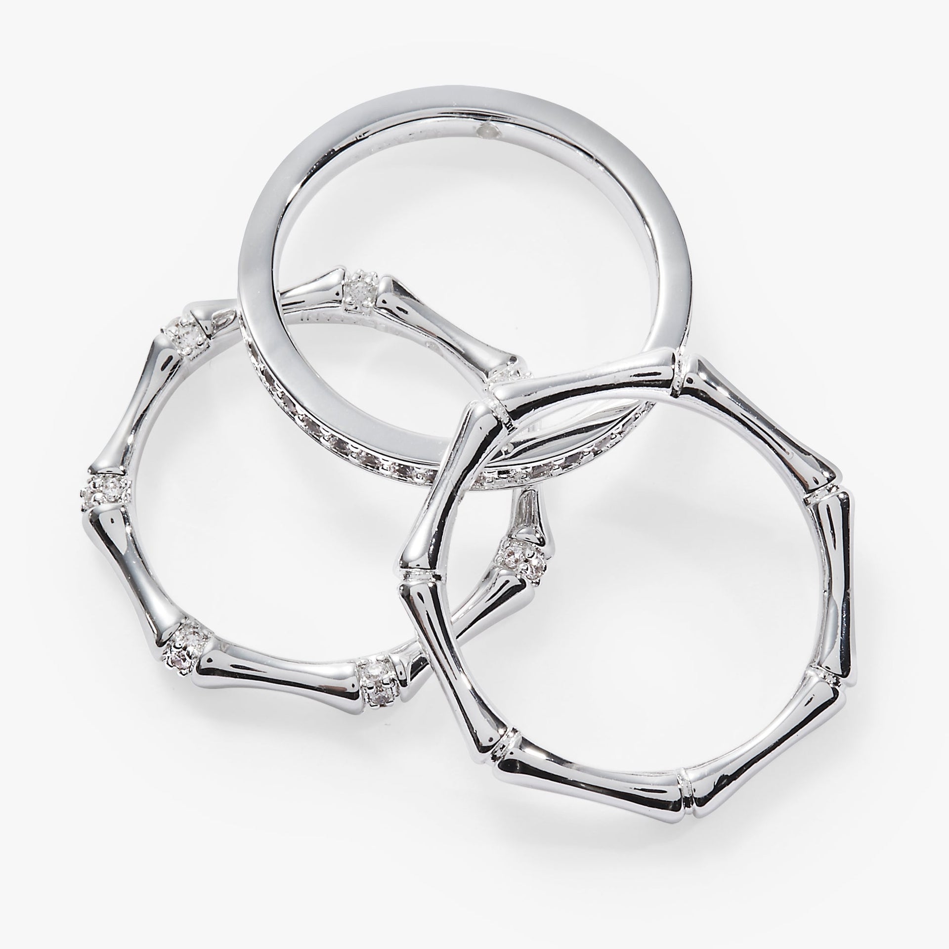 Bamboo Trio Ring Set - Stackable Gold Tone Crystal Stacking Rings