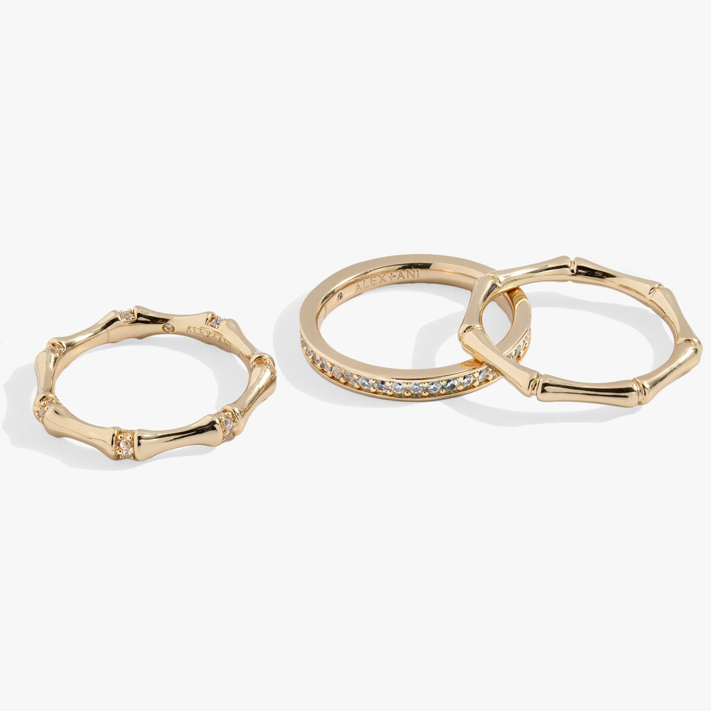 Bamboo Trio Ring Set - Stackable Gold Tone Crystal Stacking Rings