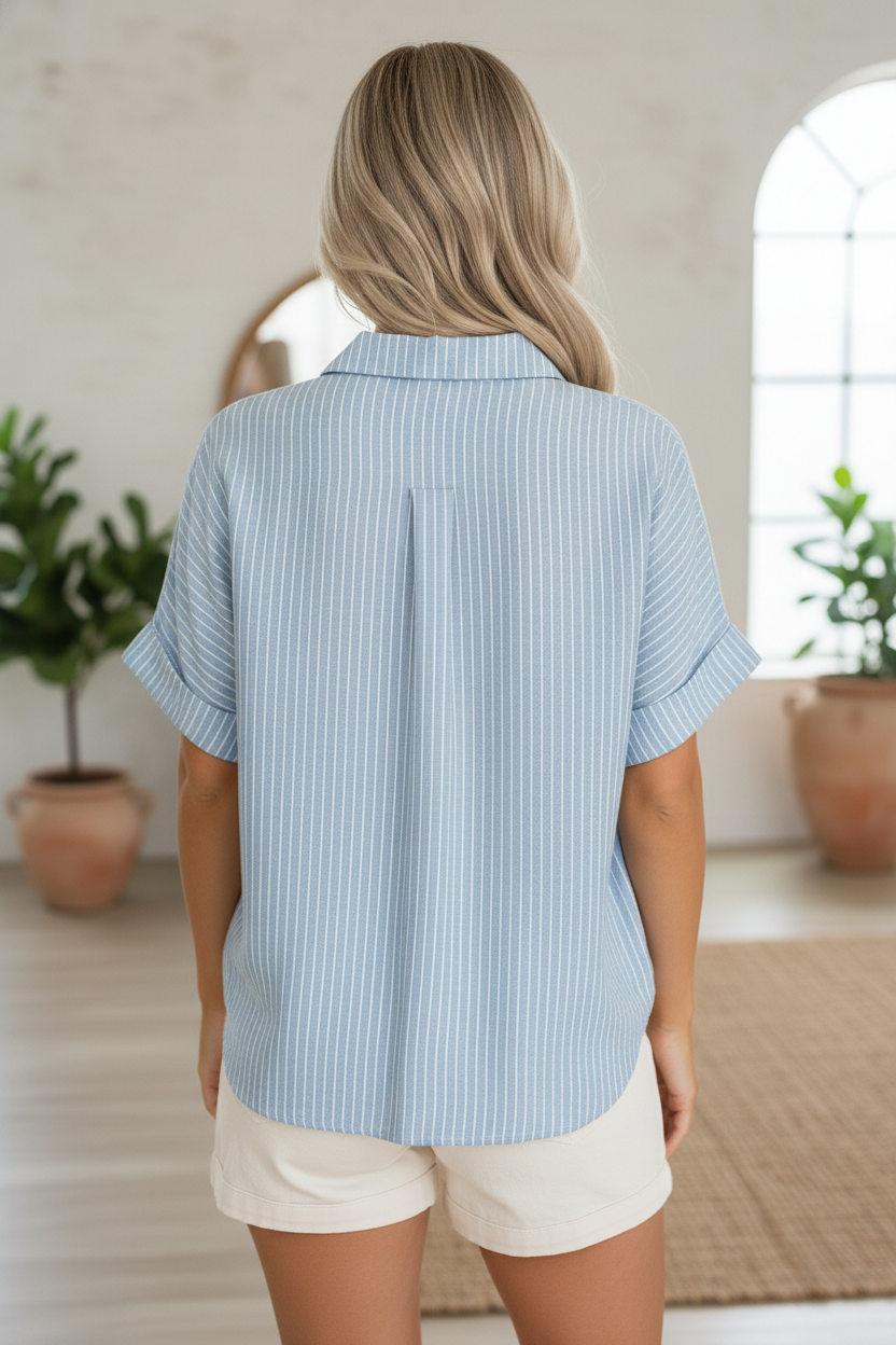 Women's Blue and White Striped Cuffed Short Sleeve Button Shirt