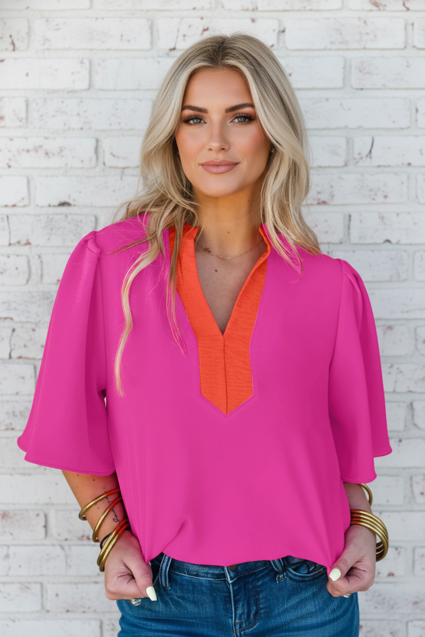 Colorblock V-Neck Top with Wide Short Sleeves