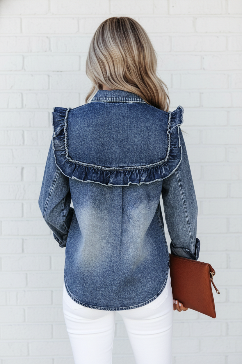 Vintage Wash Denim Shirt with Ruffles