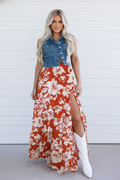 Floral Western Maxi Skirt with High Split