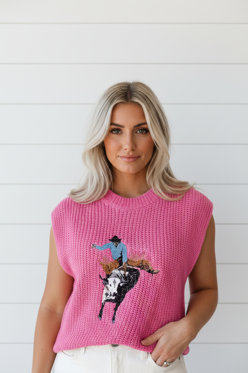 Western Cowboy Embroidered Round Neck Sleeveless Sweater