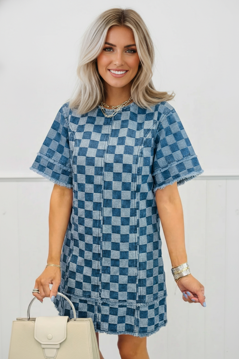 Women's Checker Denim Mini Dress with Frayed Hem