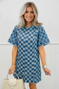 Women's Checker Denim Mini Dress with Frayed Hem