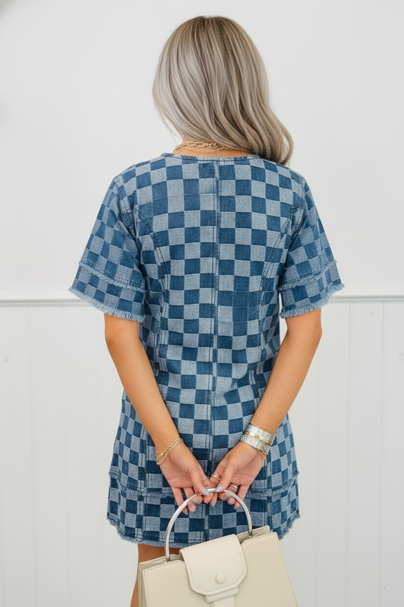 Women's Checker Denim Mini Dress with Frayed Hem