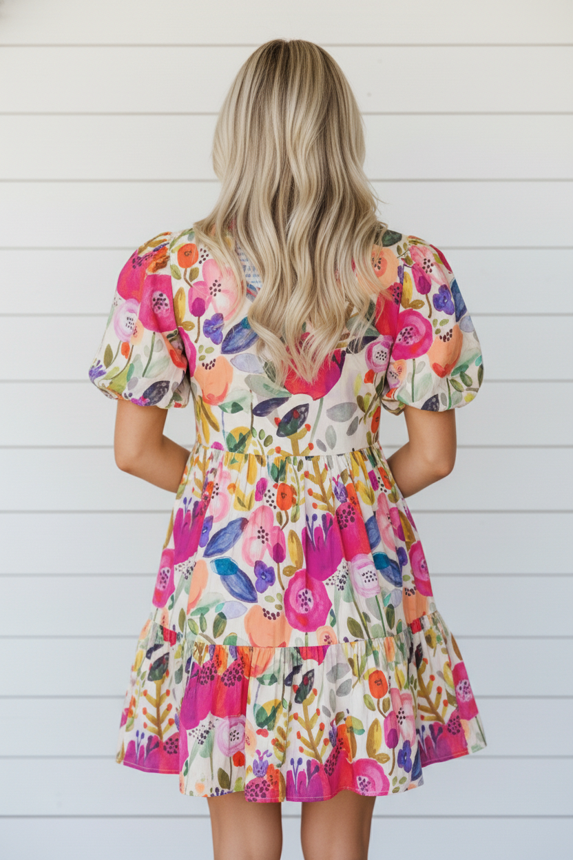 Women's Floral Ricrac Trim Stripe Patchwork V-Neck Dress